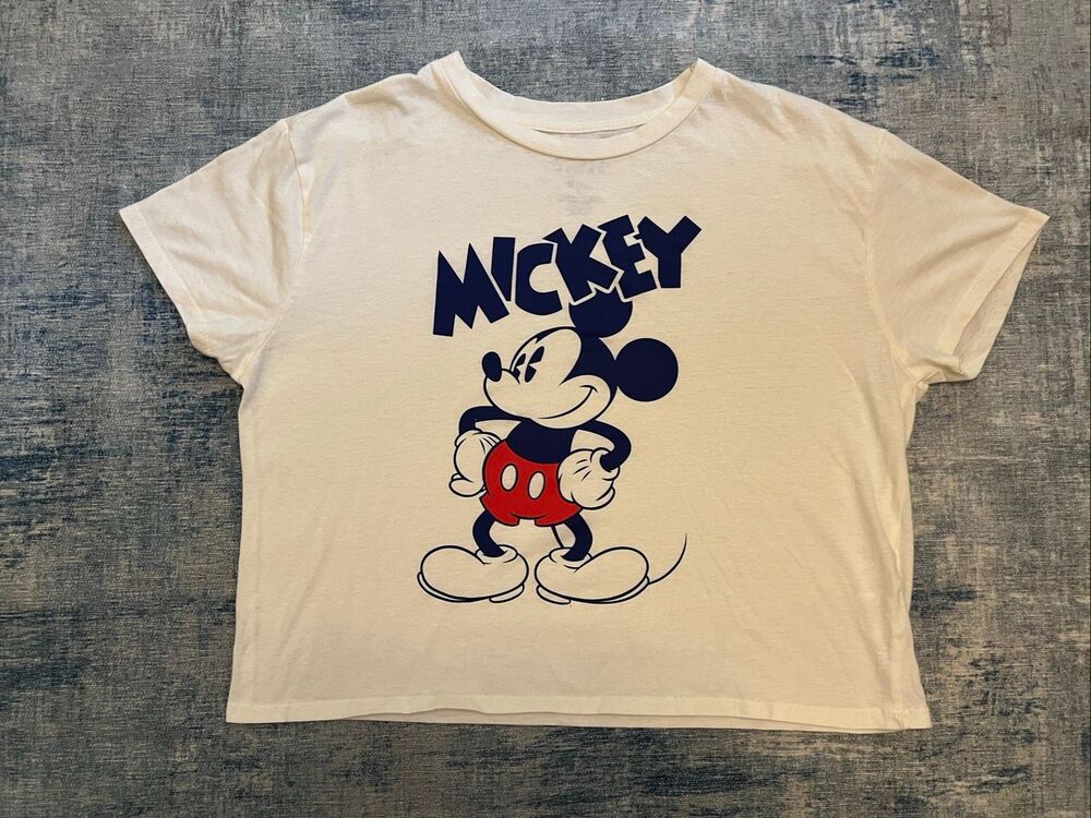 Disney White Blue Mickey Mouse Relaxed Fit Cropped Length Short Sleeve Tee XL